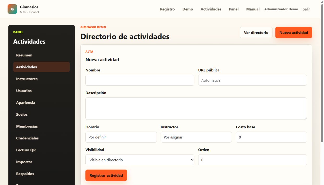 Captura de pantalla del módulo de actividades