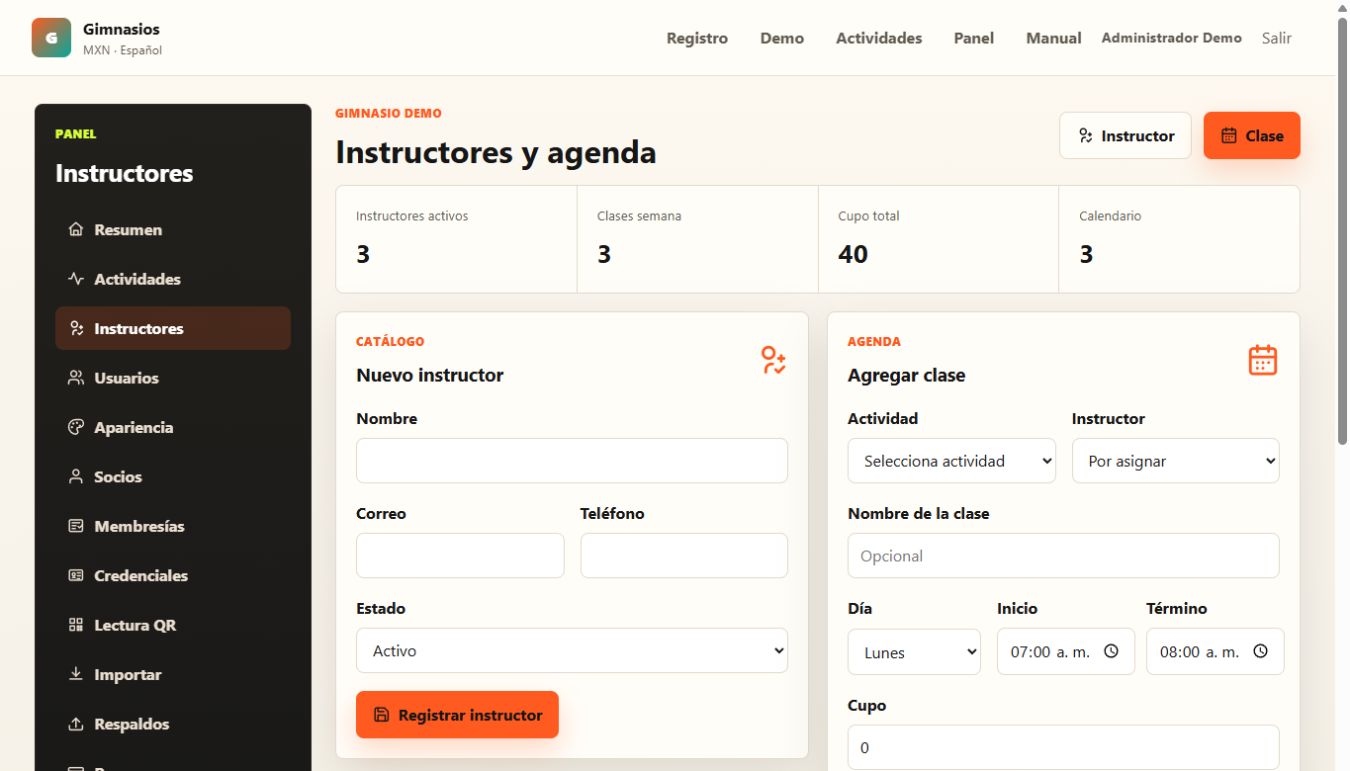 Captura de pantalla del módulo de instructores