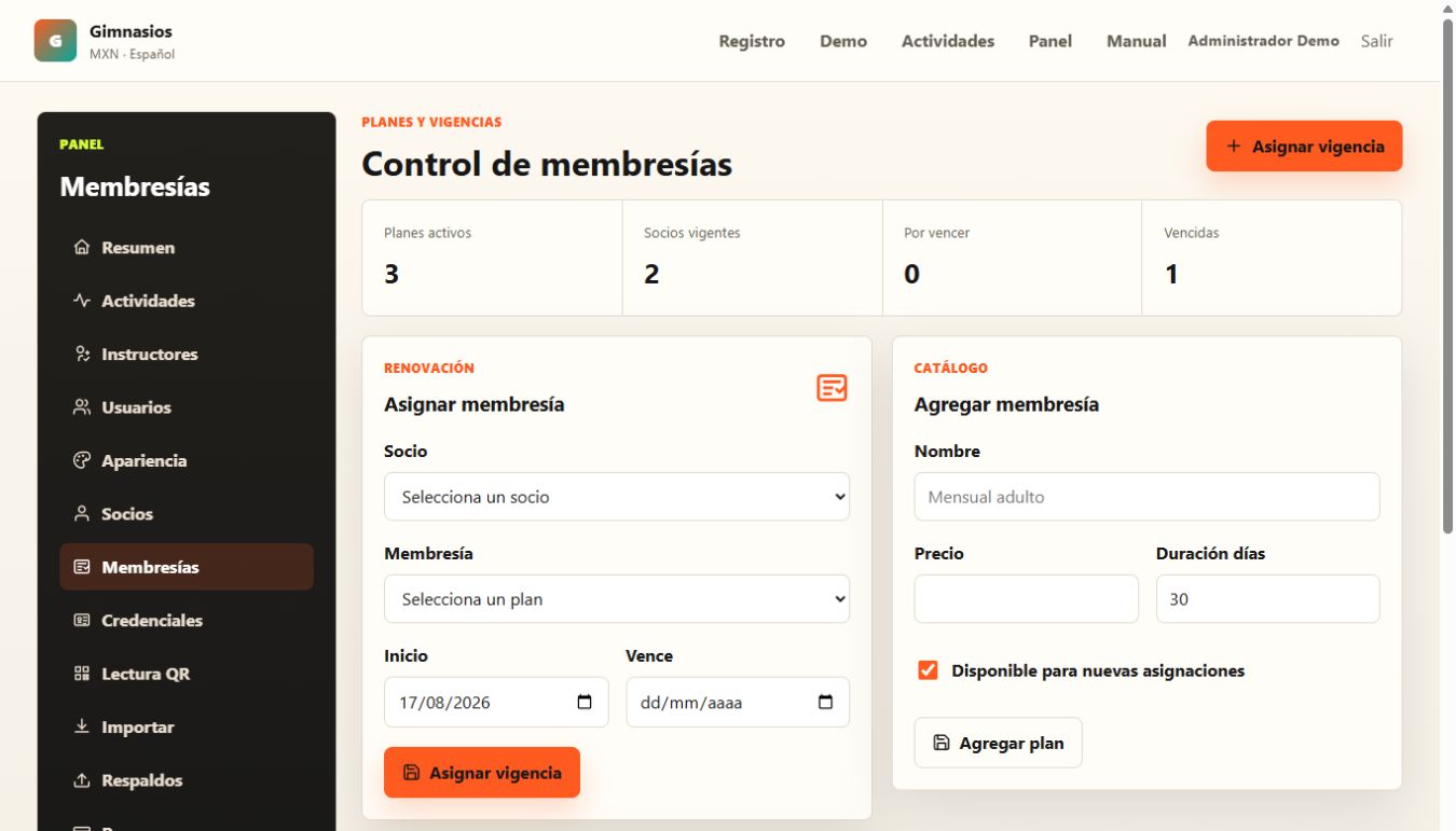 Captura de pantalla del módulo de membresías