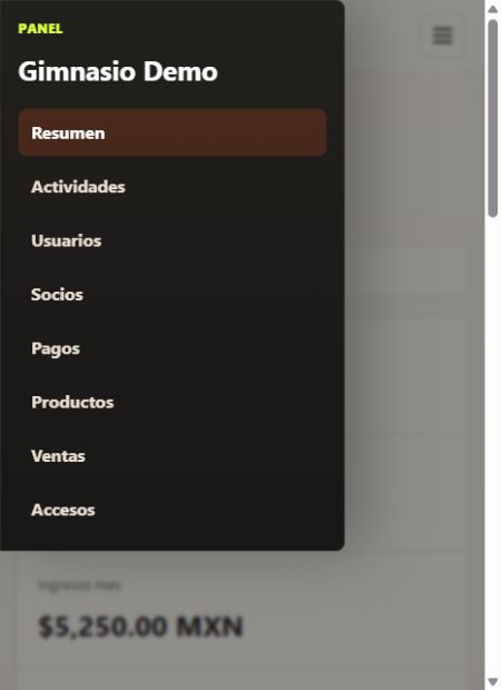 Captura de pantalla del menú móvil