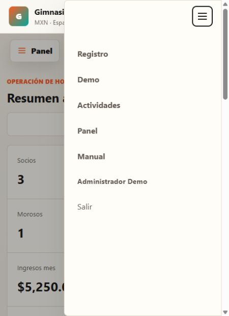 Captura de pantalla del menú superior móvil