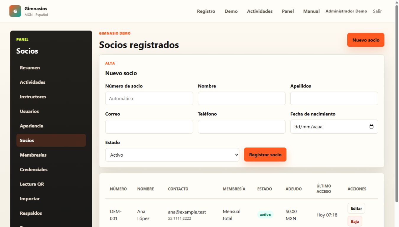 Captura de pantalla del módulo de socios