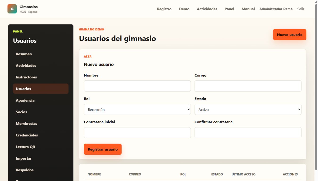 Captura de pantalla del módulo de usuarios