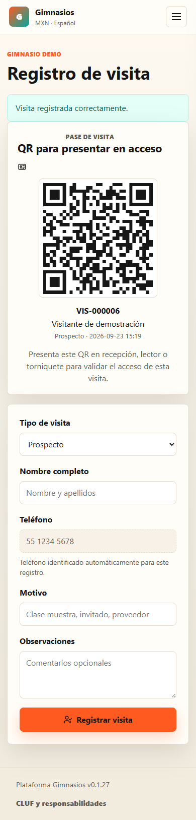 Captura de pantalla del registro público de visita