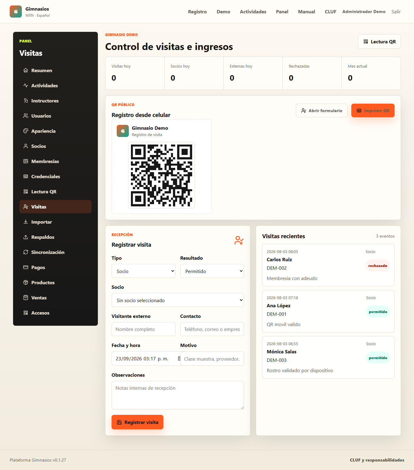 Captura de pantalla del módulo de visitas